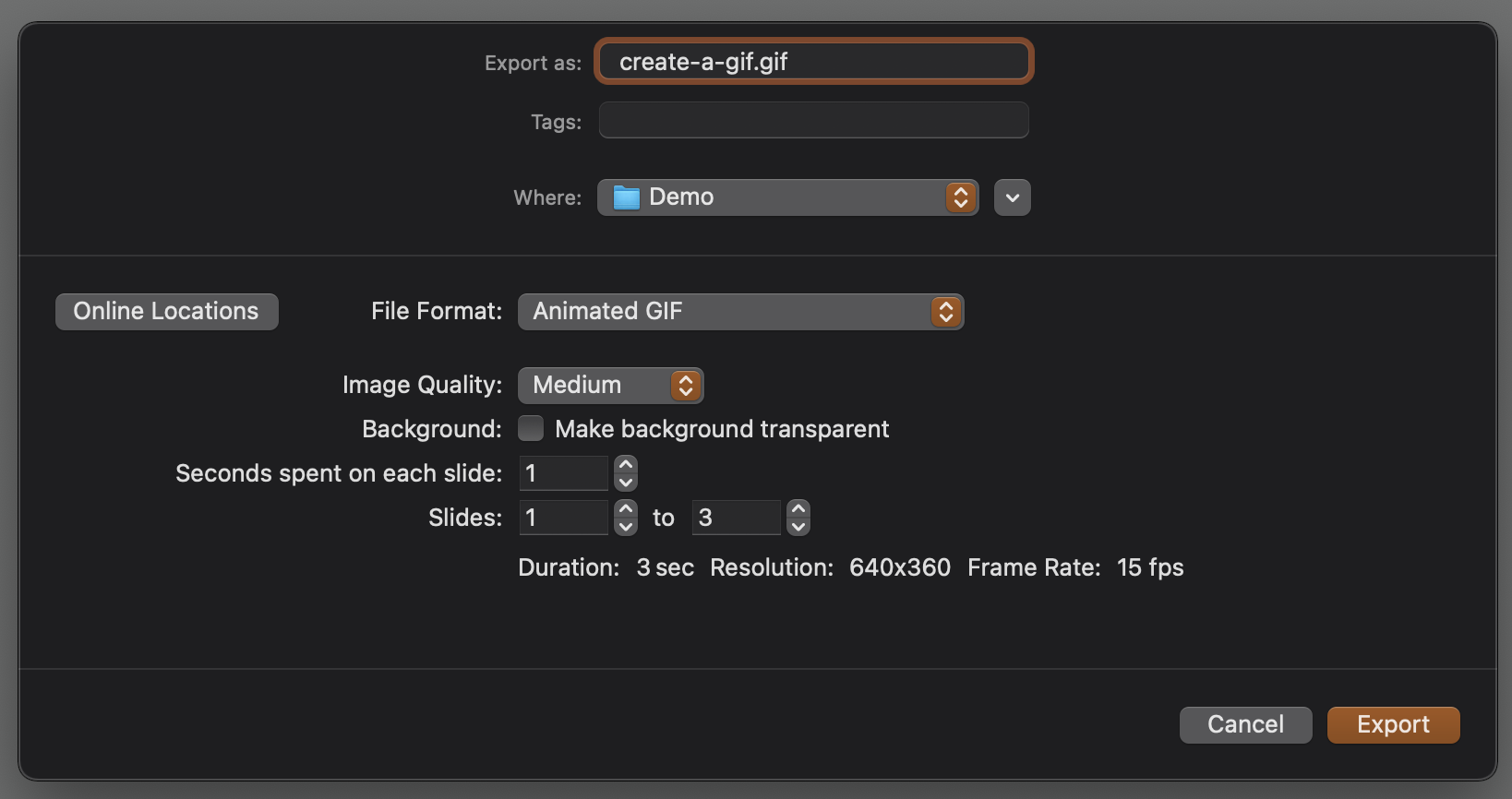 image shows the export options for a gif, they are explained below