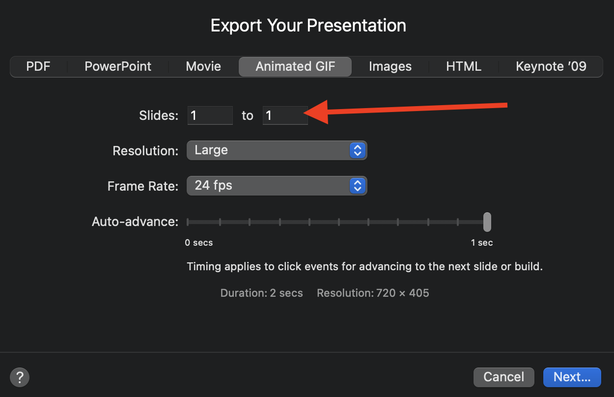 image shows the export options, an arrow is showing that we want to adjust the to box to three in order to output all three slides