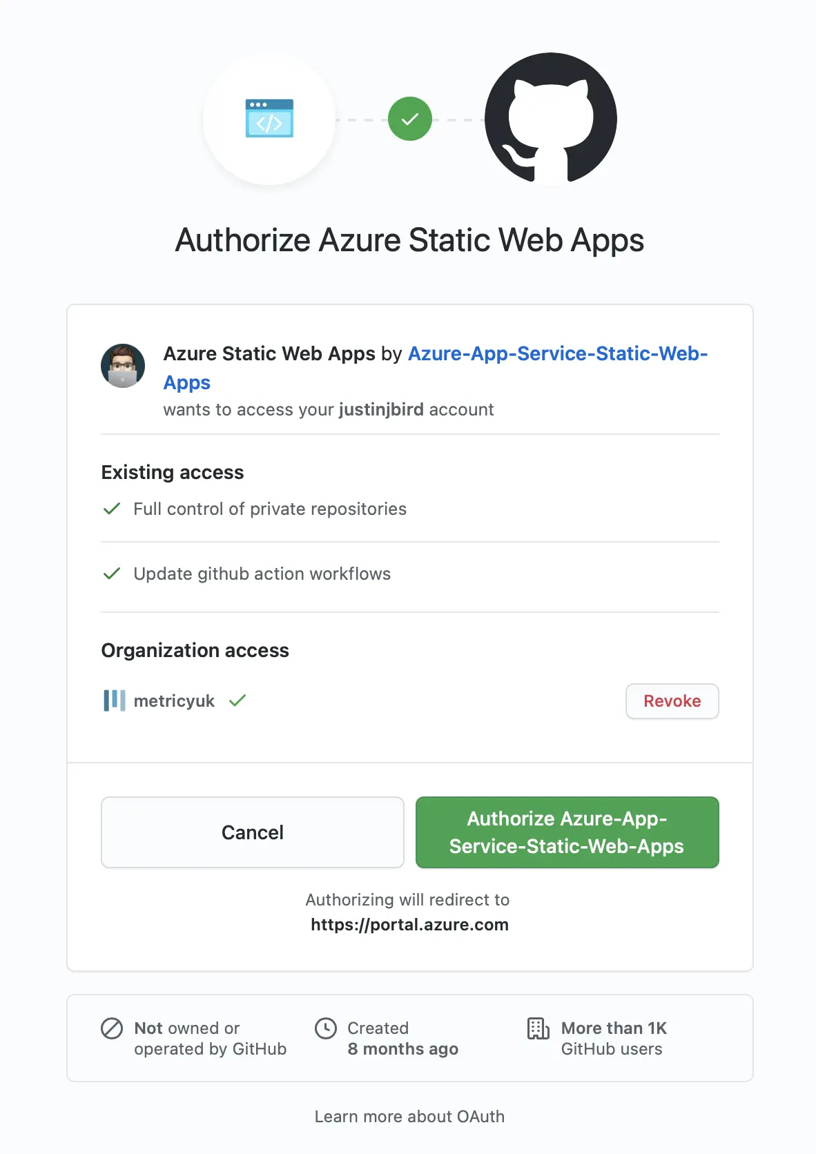 screenshot of the authorisation request between your static webapp and github