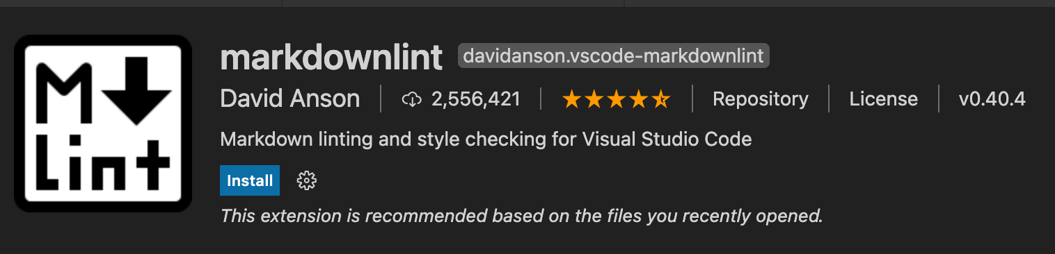 image shows markdownlint extension for vs code