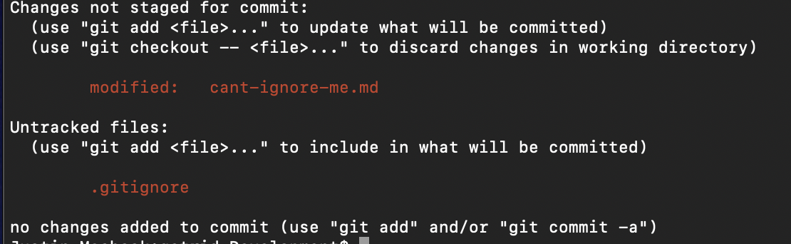 output from git shows new file .gitignore and modified file cant-ignore-me.md which isn't great - we wanted to ignore that file!