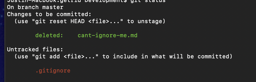 git output now shows that we are removing cant-ignore-me.md and our .gitignore file is ready to be committed