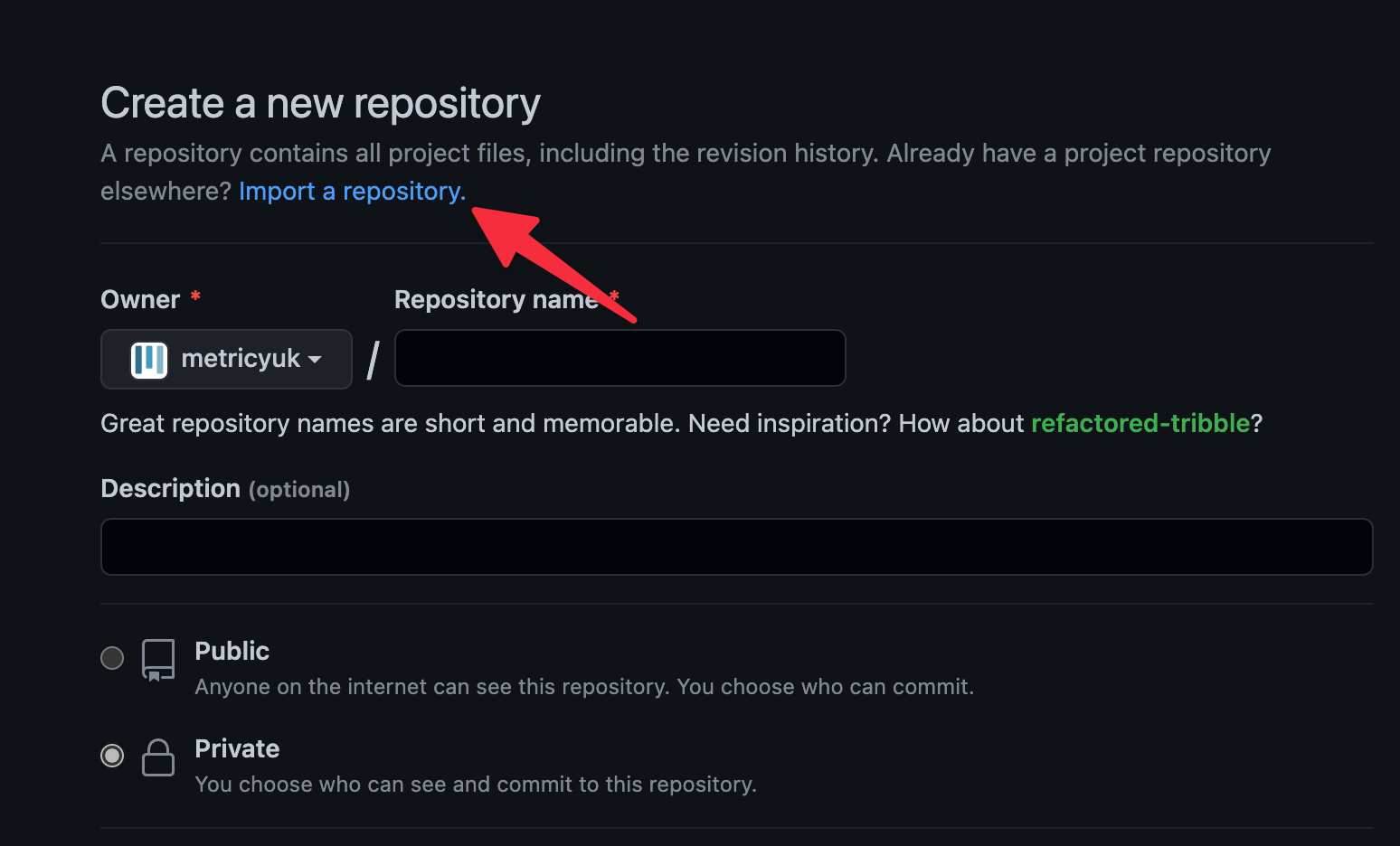 just under the create a new repository header is a link to import a repository
