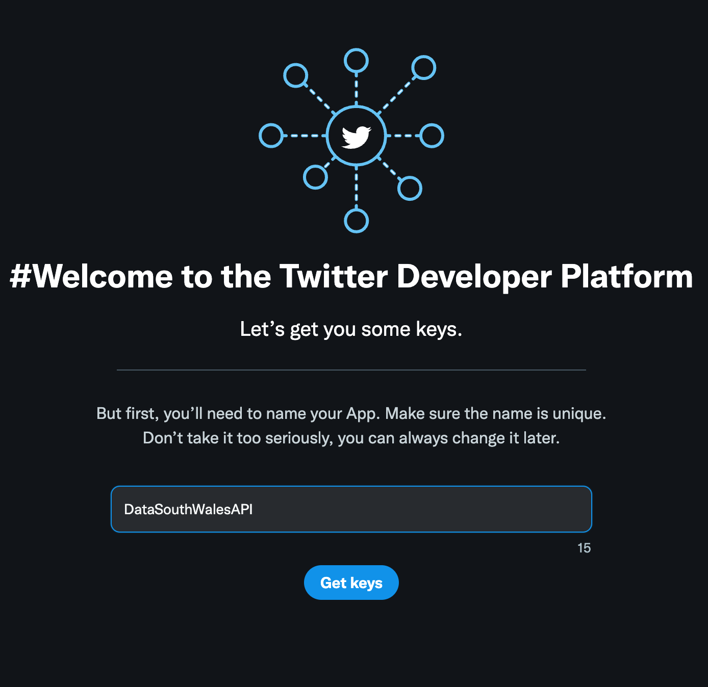 image says Welcome to the Twitter Developer Platform and asks you to enter a name for your project