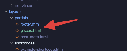 image shows the VS Code explorer listing the layouts directory, below the layouts directory is the partials directory within that directory is both the footer.html and giscus.html files