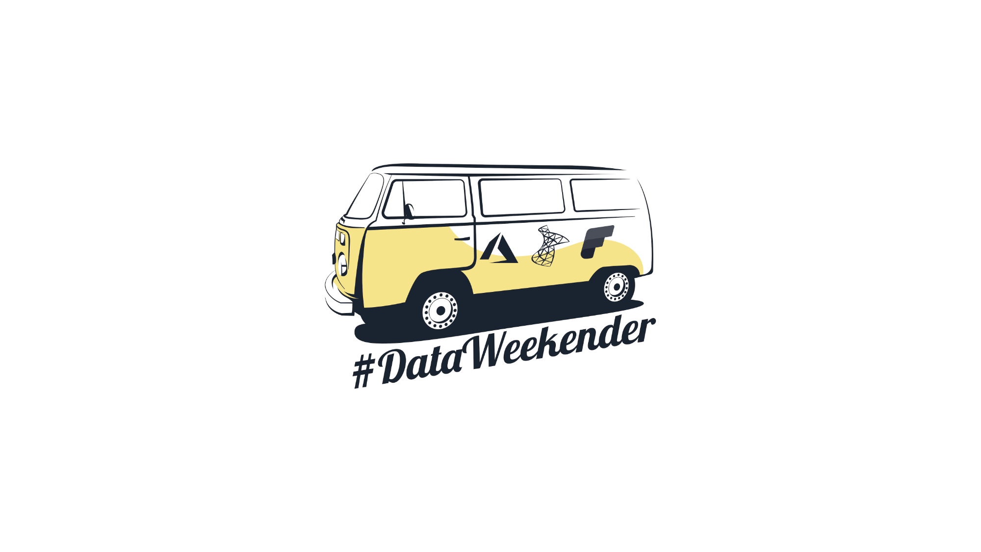 the #DataWeekender logo, a yellow and white camper van with the Azure, SQL Server and Fabric logos across the side of it