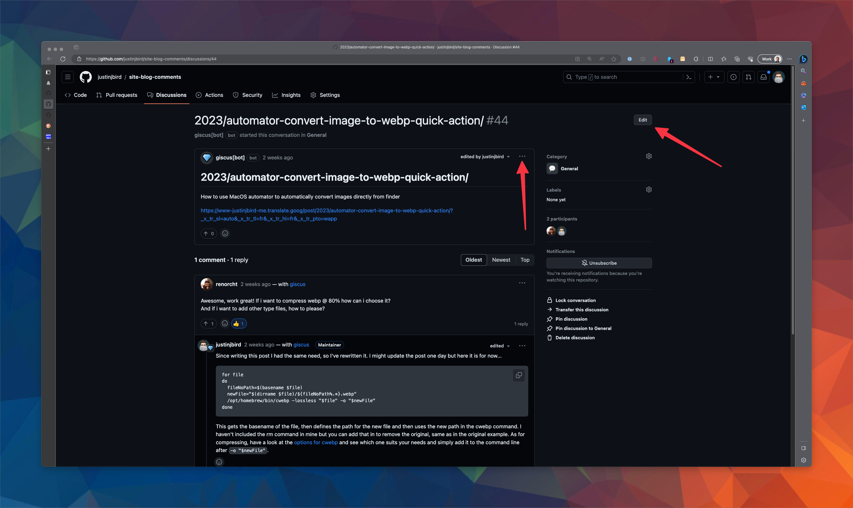screenshot shows the github discussion, there is an edit button to the right of the title that allows you to edit the title, the discussion block has an ellipses button next to it which allows you to edit the discussion