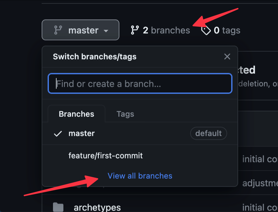 a screenshot of the github portal showing the master branch being displayed, the drop down box has been opened