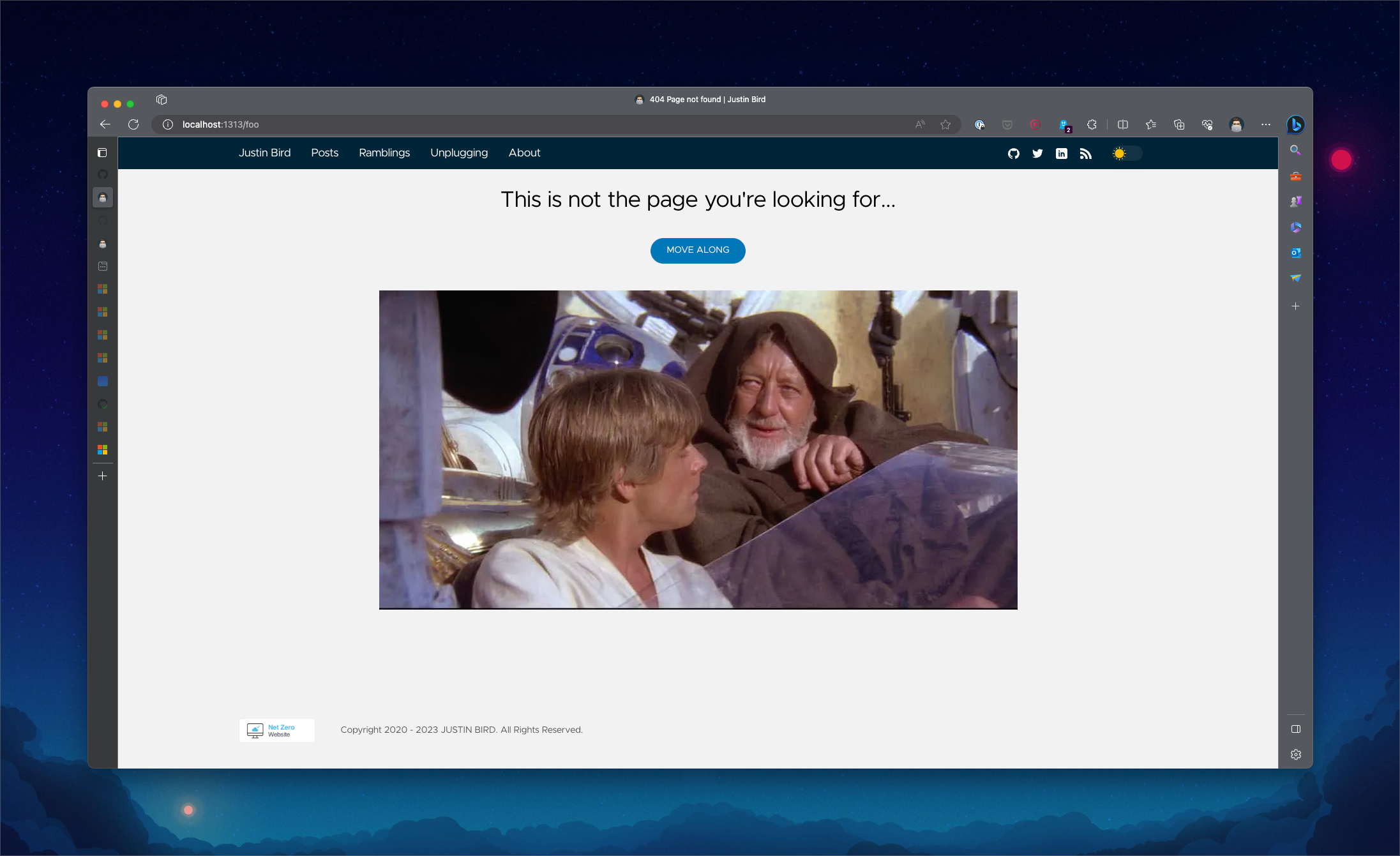 image shows a 404 page in the style of my site, it says 'This is not the page you're looking for' the button says 'move along' and is finished with an image of obi wan kenobi, sat next to luke skywalker in the land speeder about to say his famous line