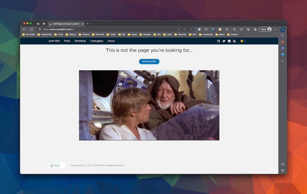 image shows a 404 page in the style of my site, it says 'This is not the page you're looking for' the button says 'move along' and is finished with an image of obi wan kenobi, sat next to luke skywalker in the land speeder about to say his famous line