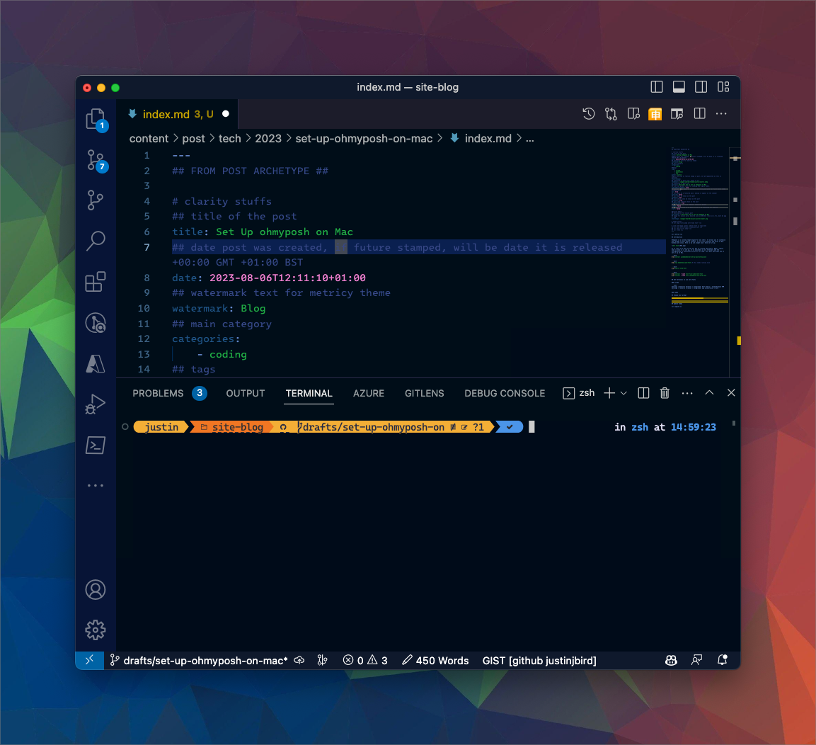 The image shows the vscode integrated terminal running zsh, the prompt is presenting the default ohmyposh theme as described above. There is an additional segment included because I have a directory open within a git repository, the additional segment is light orange, shows a git icon, the name of the branch I have open and a few additional icons that I have not yet learnt about!