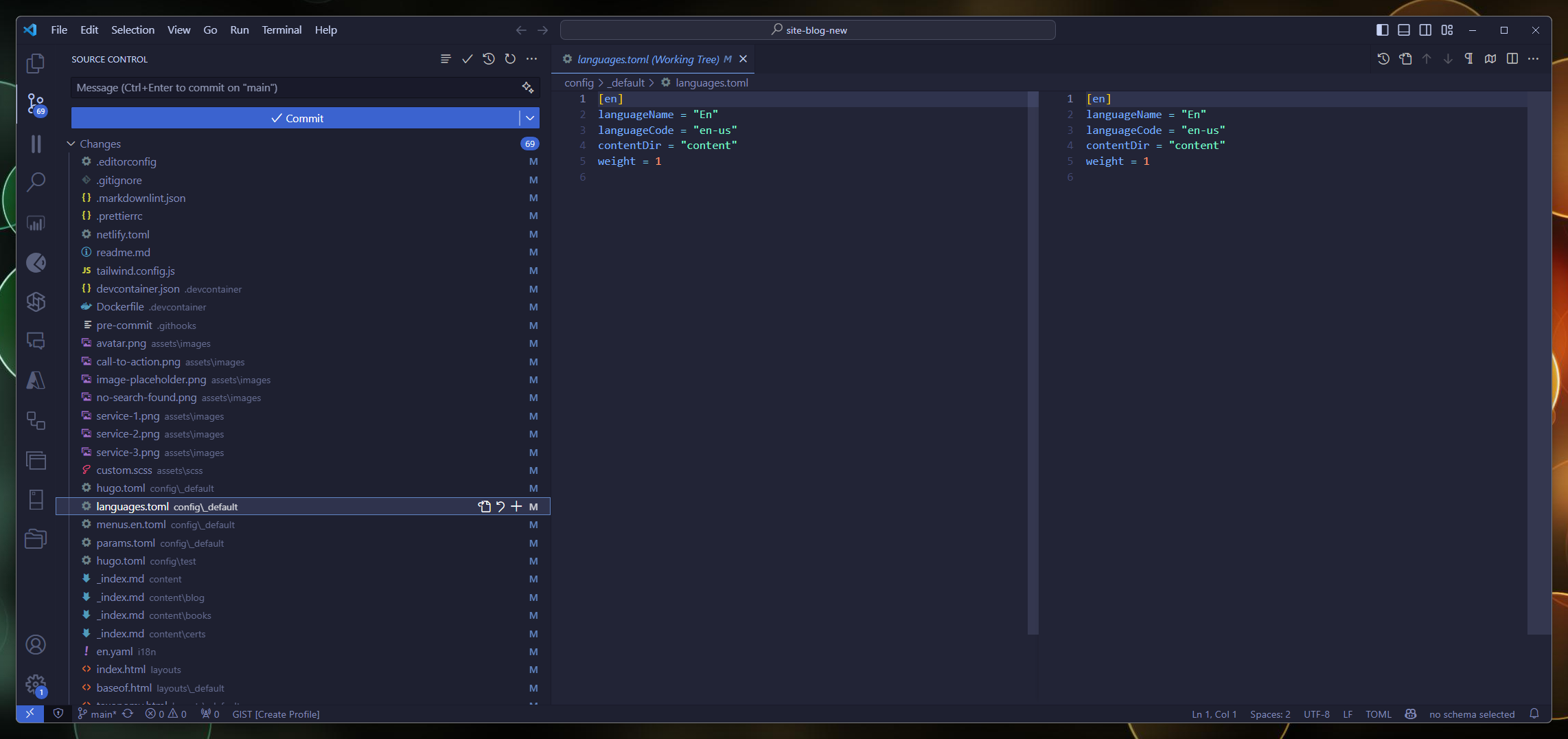 A screenshot of VS Code in Windows showing 69 changes, the comparison of the before and after of the selected file is consistent.