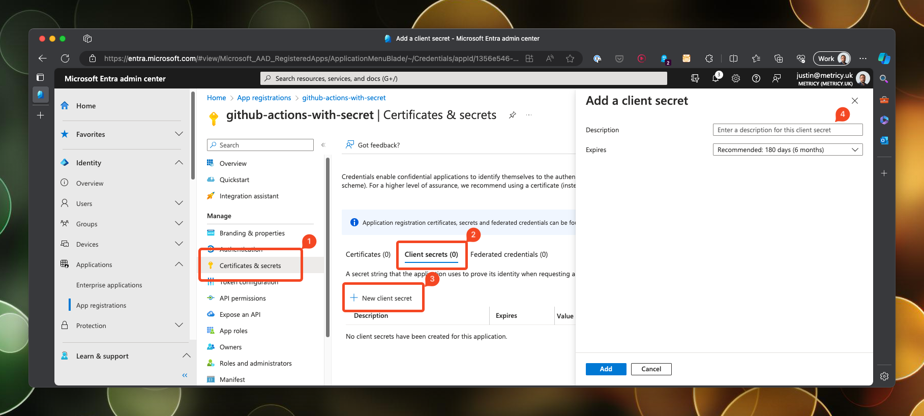 Creating a new client secret for a service principal in Entra Administrator