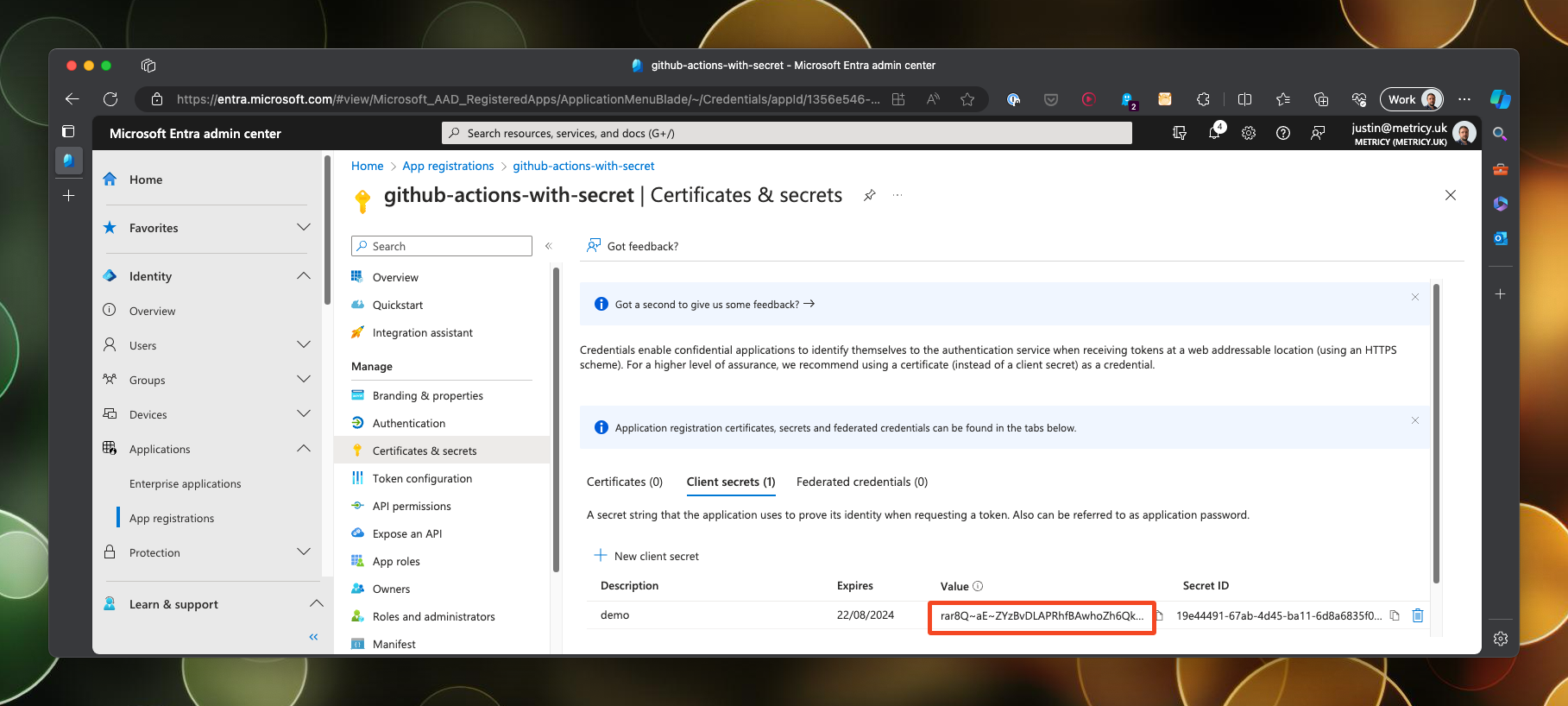 The client secret is displayed in Microsoft Entra Administrator
