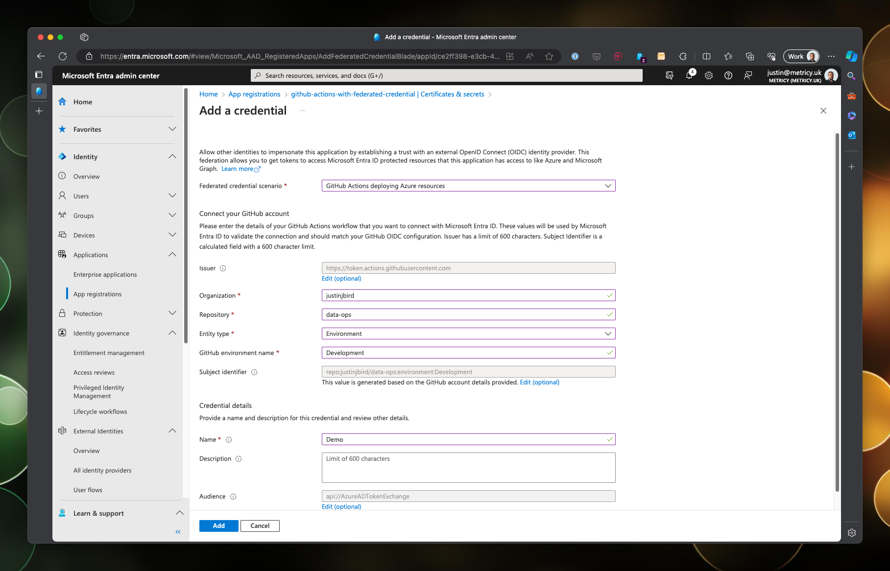 Selecting the repository for the federated credential in Entra Administrator