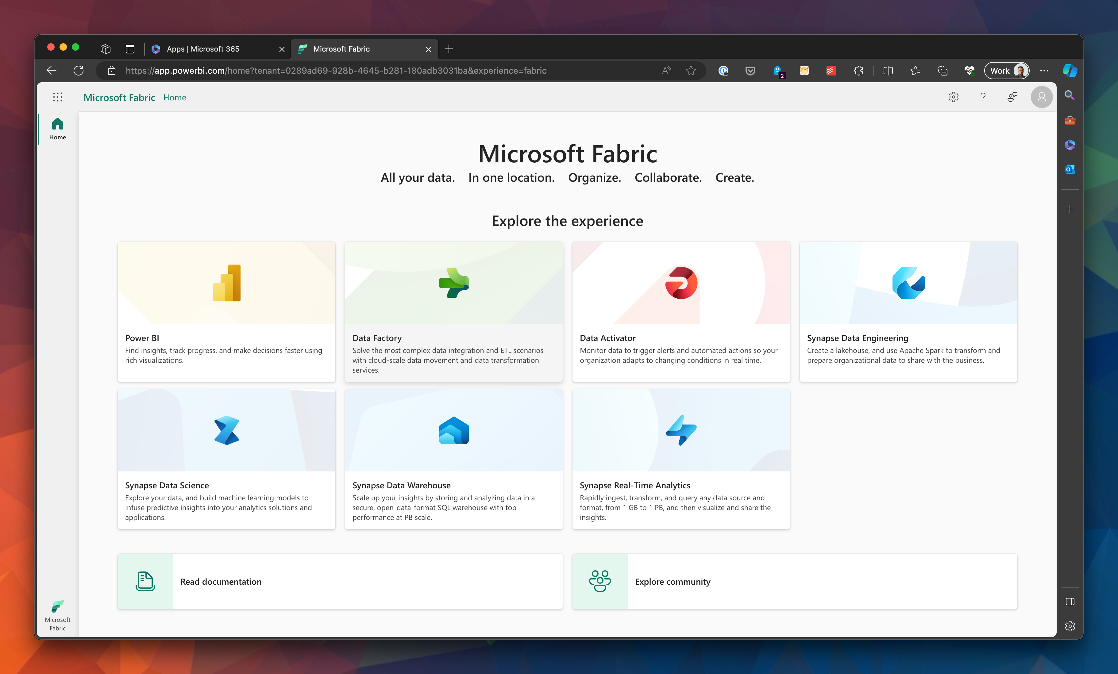 Shows the Fabric Homepage. There are multiple experiences available from this page - Power BI, Data Factory, Data Activator, Synapse Data Engineering, Synapse Data Science, Synapse Data Warehouse and Synapse Real-Time Analytics.