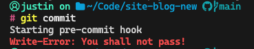 the output from git says 'Start pre-commit-hook' followed by 'Write-Error: You shall not pass!'